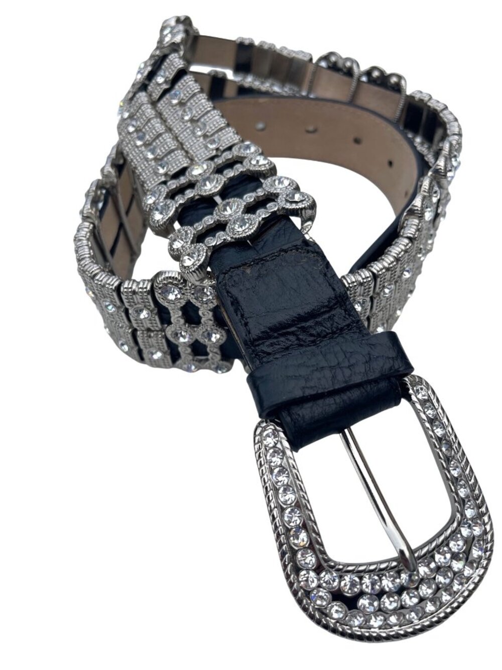 Vintage Black Leather Rhinestone Belt With Silver Buckle & Crystal Embellishment